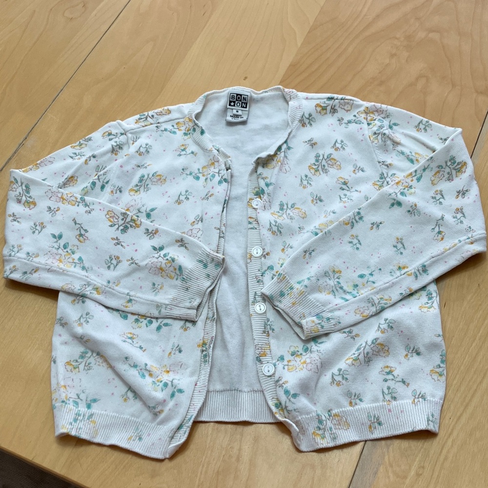 Bonton Cream Cardigan with Yellow and Mint Floral Motif size 8 Cotton